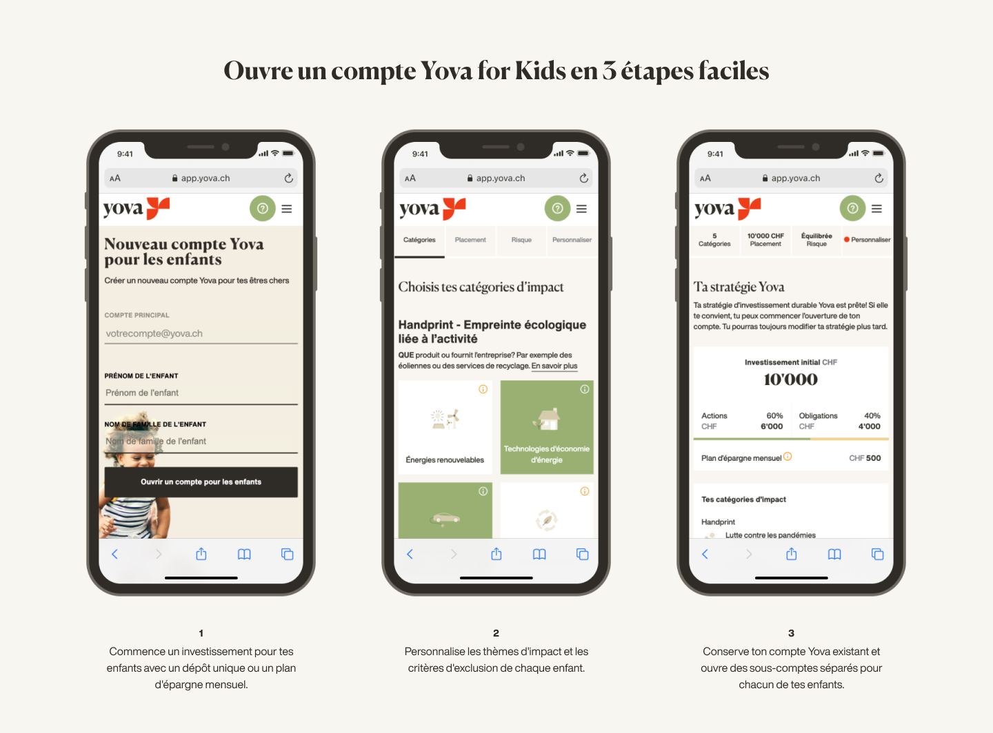 Captures d’écran expliquant comment ouvrir un compte Inyova for Kids en 3 étapes simples